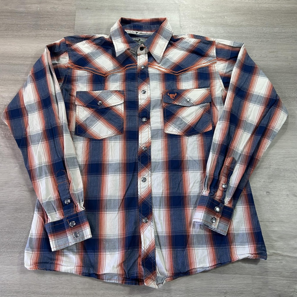 Cowboy Hardware Shirt Mens Small Blue Orange Plaid Long‎ Sleeve Western Snap